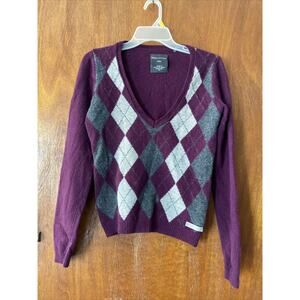 Marc O'Polo Core Lambswool V-Neck Pullover Sweater Burgundy Argyle Style Gray